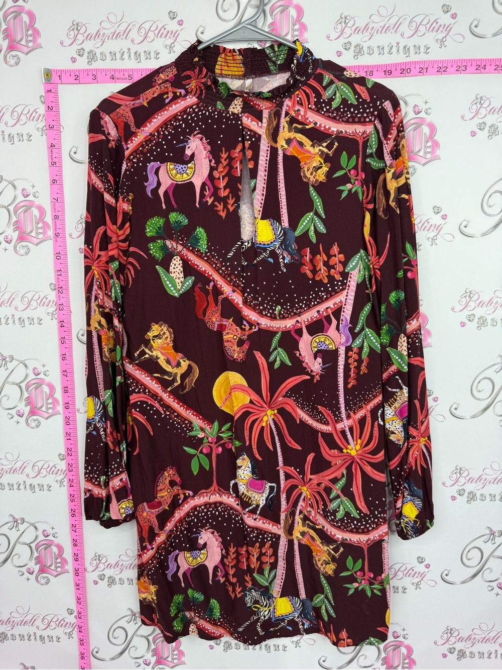 LEZALEZ dress Long Sleeve Midi Dress in Burgundy with Multicolor animal Print